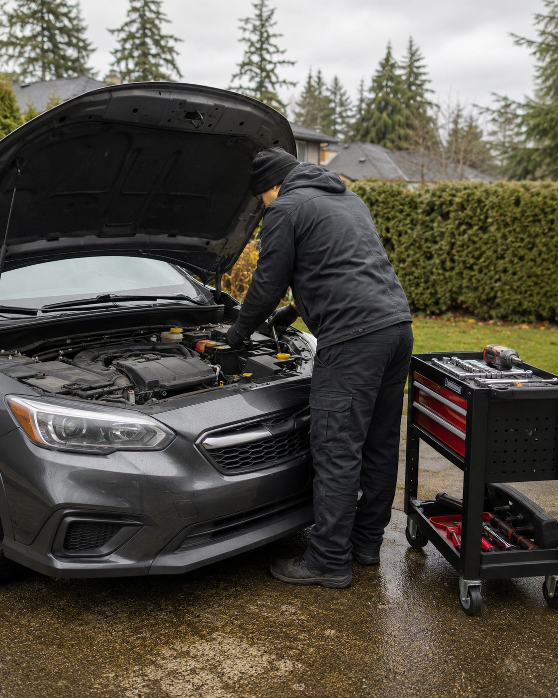 Mobile mechanic servicing a car in a Seattle-area driveway